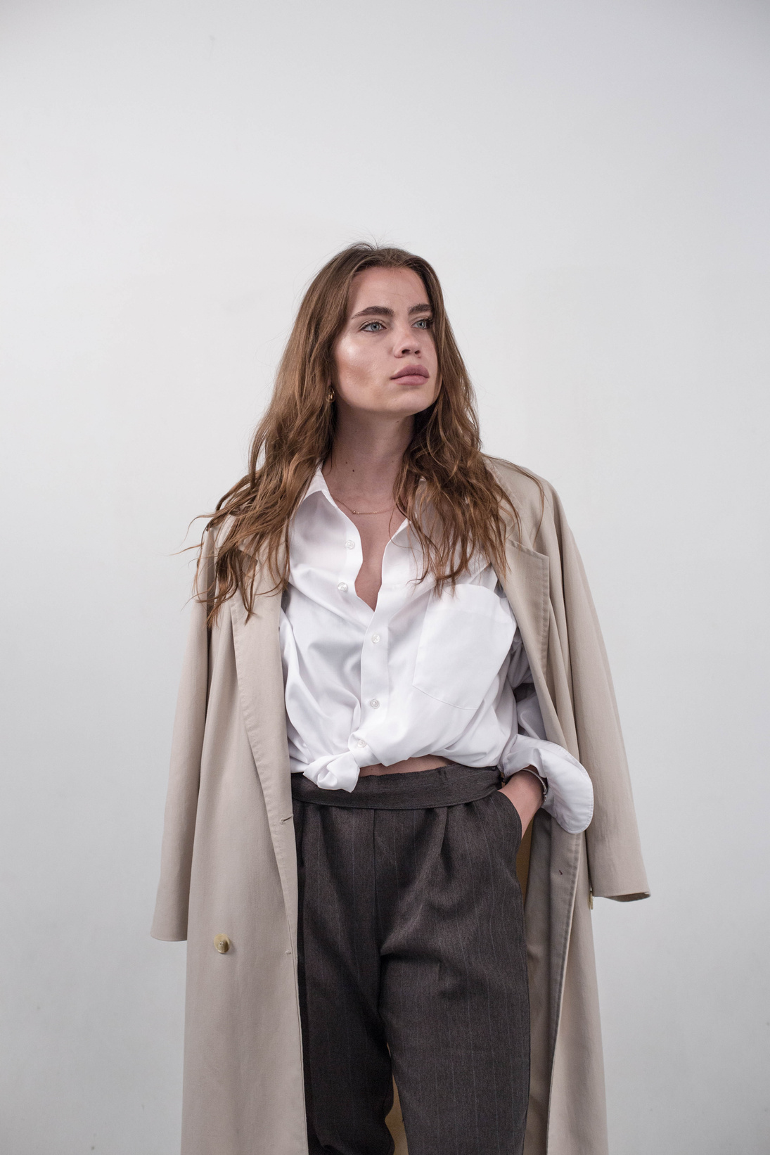 Woman in White Long Sleeve Shirt and Beige Trench Coat